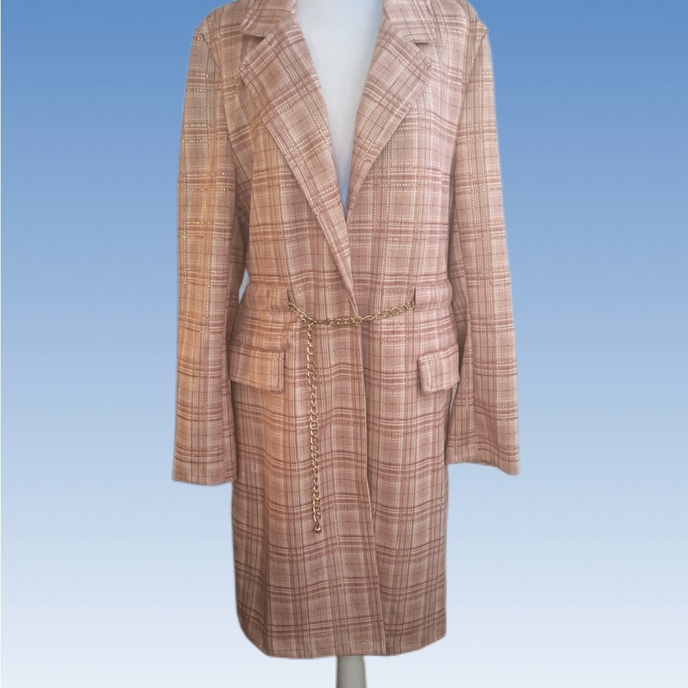 Alice Blue Pink Plaid Long Blazer with Chain Belt size XL